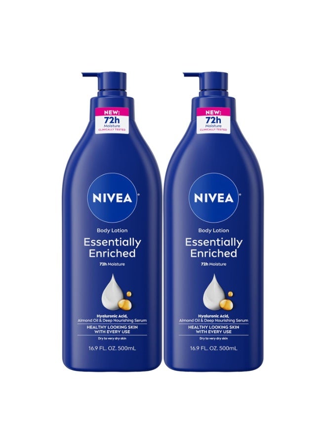 NIVEA Essentially Enriched Body Lotion for Dry Skin, Pack of 2, 500ml Pump Bottles - Image 1